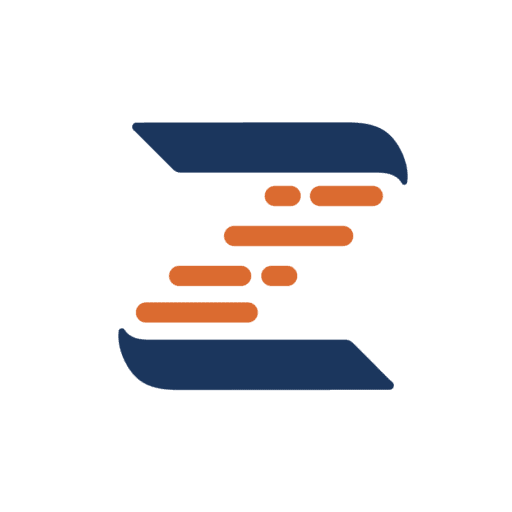 Abstract logo with blue and orange geometric shapes.